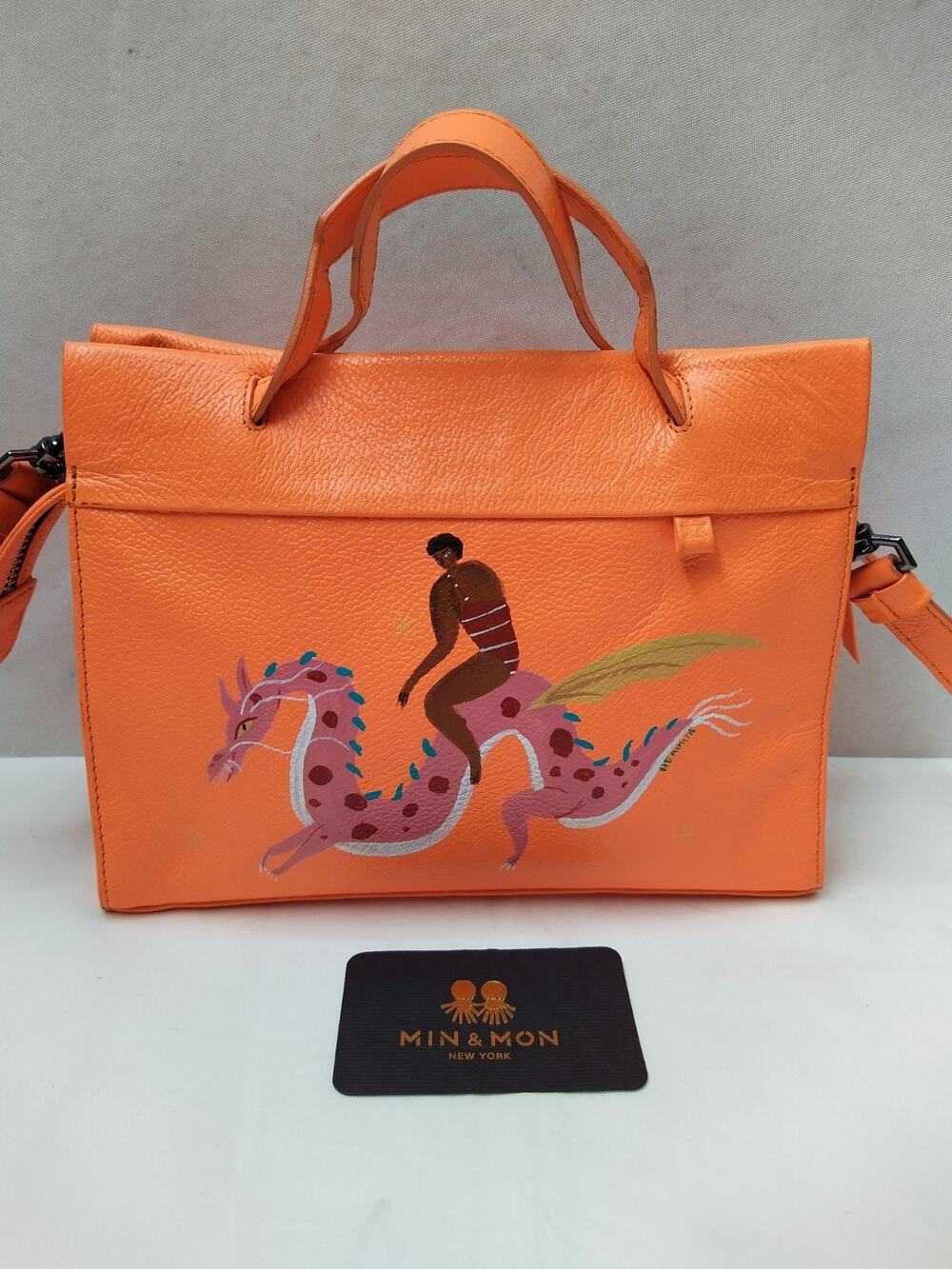 Min & Mon New York Orange Leather Flying Dragon Hand Painting Crossbody Bag